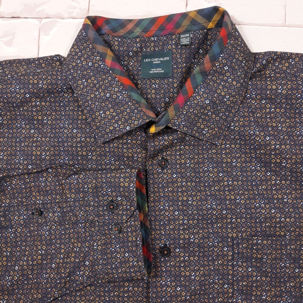 Leo Chevalier Design Button‎ Up Shirt Mens 2X Big Navy Brown Non-Iron Cotton